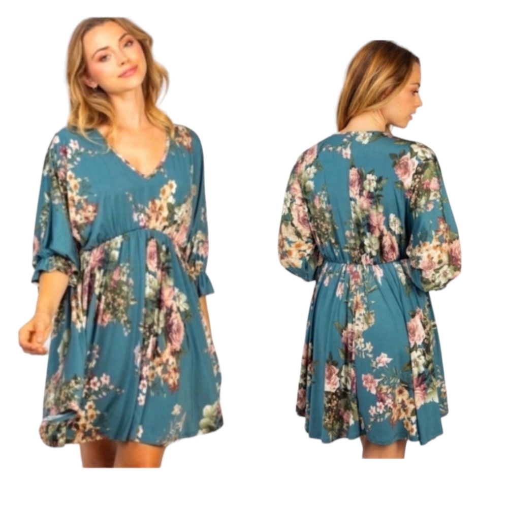 V-Neck Floral Jade Women's Dress